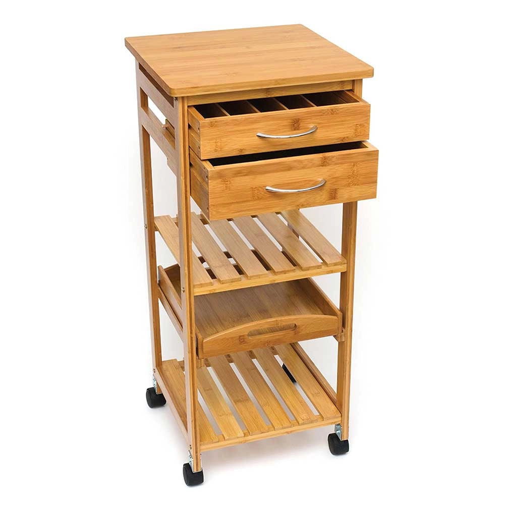 Carrello da Cucina In Legno Bambu 3 Ripiani 2 Cassetti Portaposate Vassoio Ruote