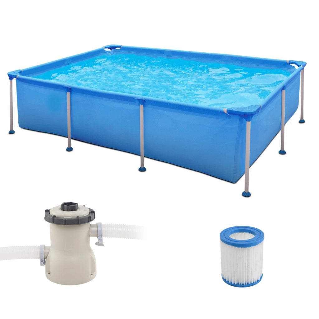Piscina fuori terra cartuccia e struttura in metallo 258 cm x 179 cm x 66 cm, Piscina rettangolare grande con pompa filtro Blu-Nuotare