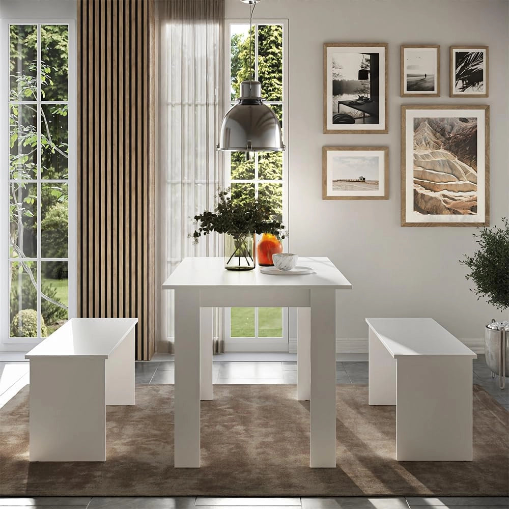 Set di tavoli da pranzo Sentio, Bianco, 112 x 73.6 cm con 2 panche, adatto come set da pranzo per piccoli spazi e cucine