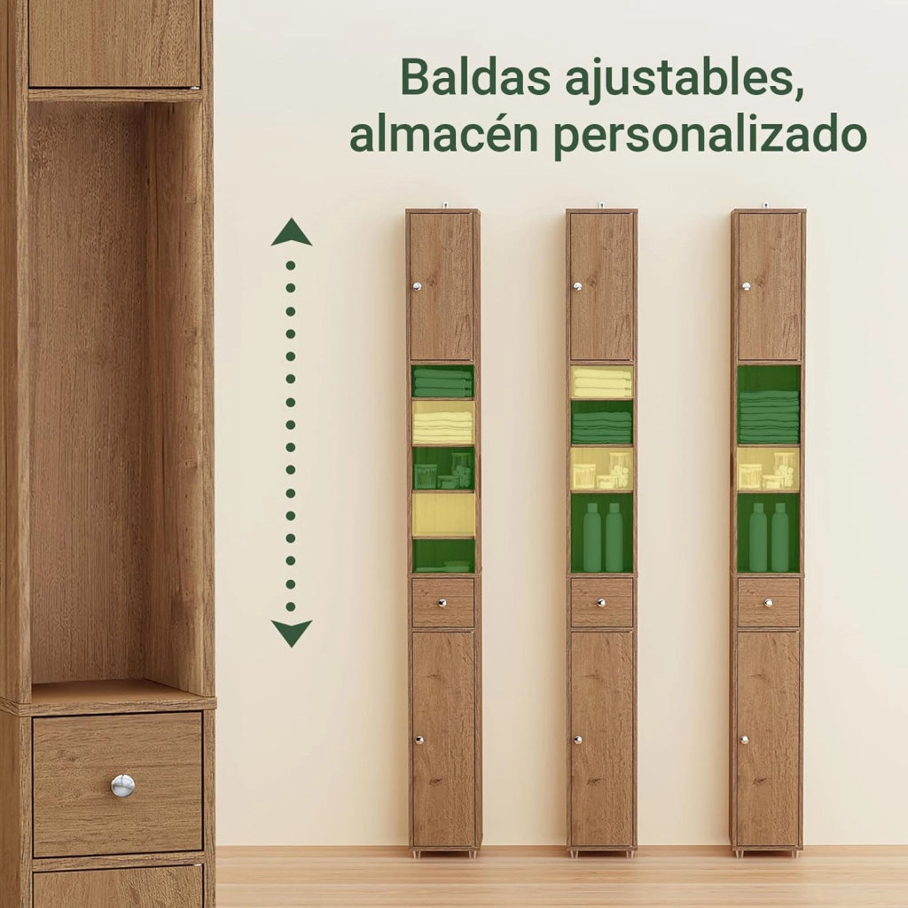 Mobile Bagno Alto e Stretto, Mobili Salvaspazio Mobiletto a Colonna da Terra con Ripiani Regolabili e Cassetto Armadietto per Bagno e Lavanderia 20×20×180 cm BZR34-II-PF