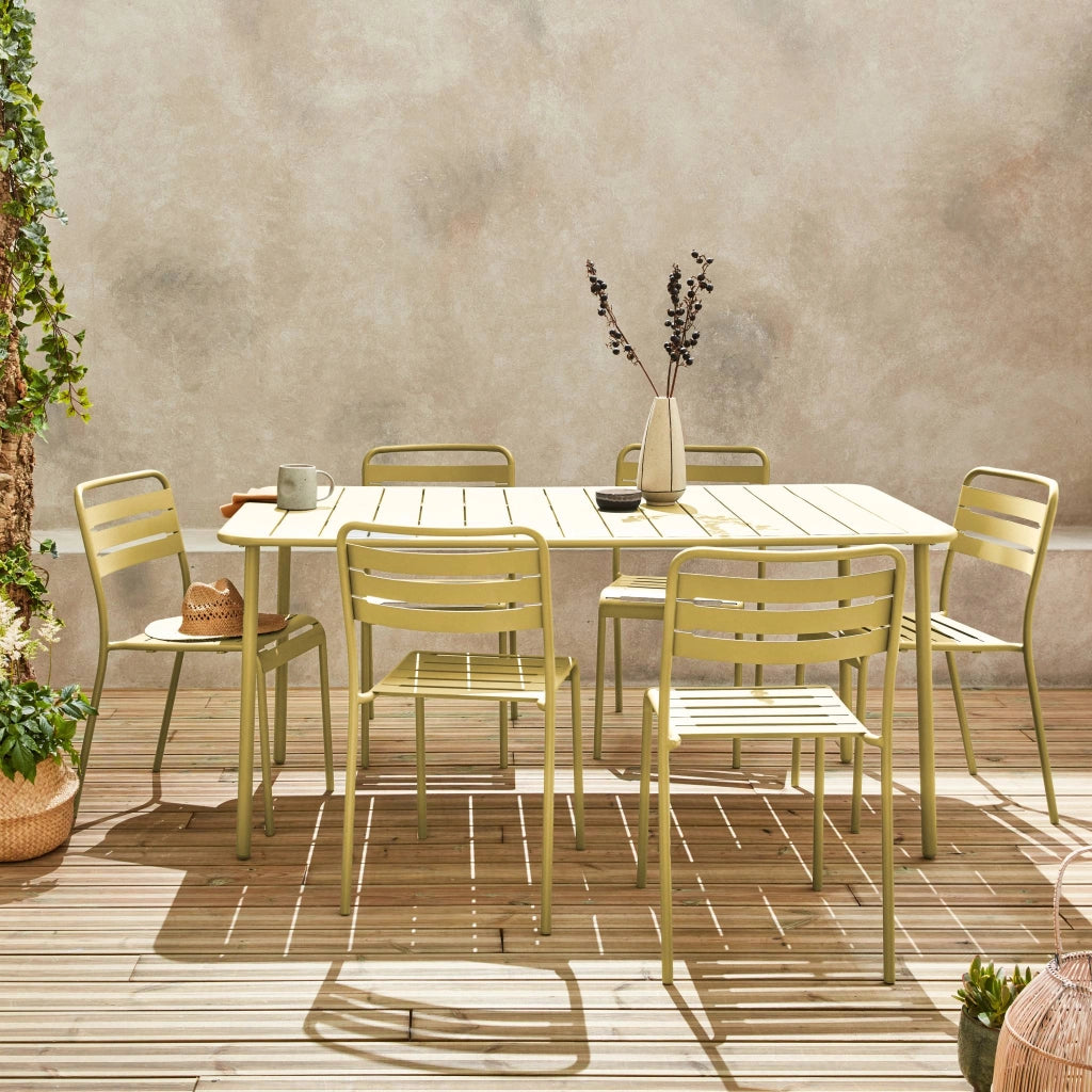 Set tavolo da giardino in acciaio con 6 sedie, 160cm, giallo