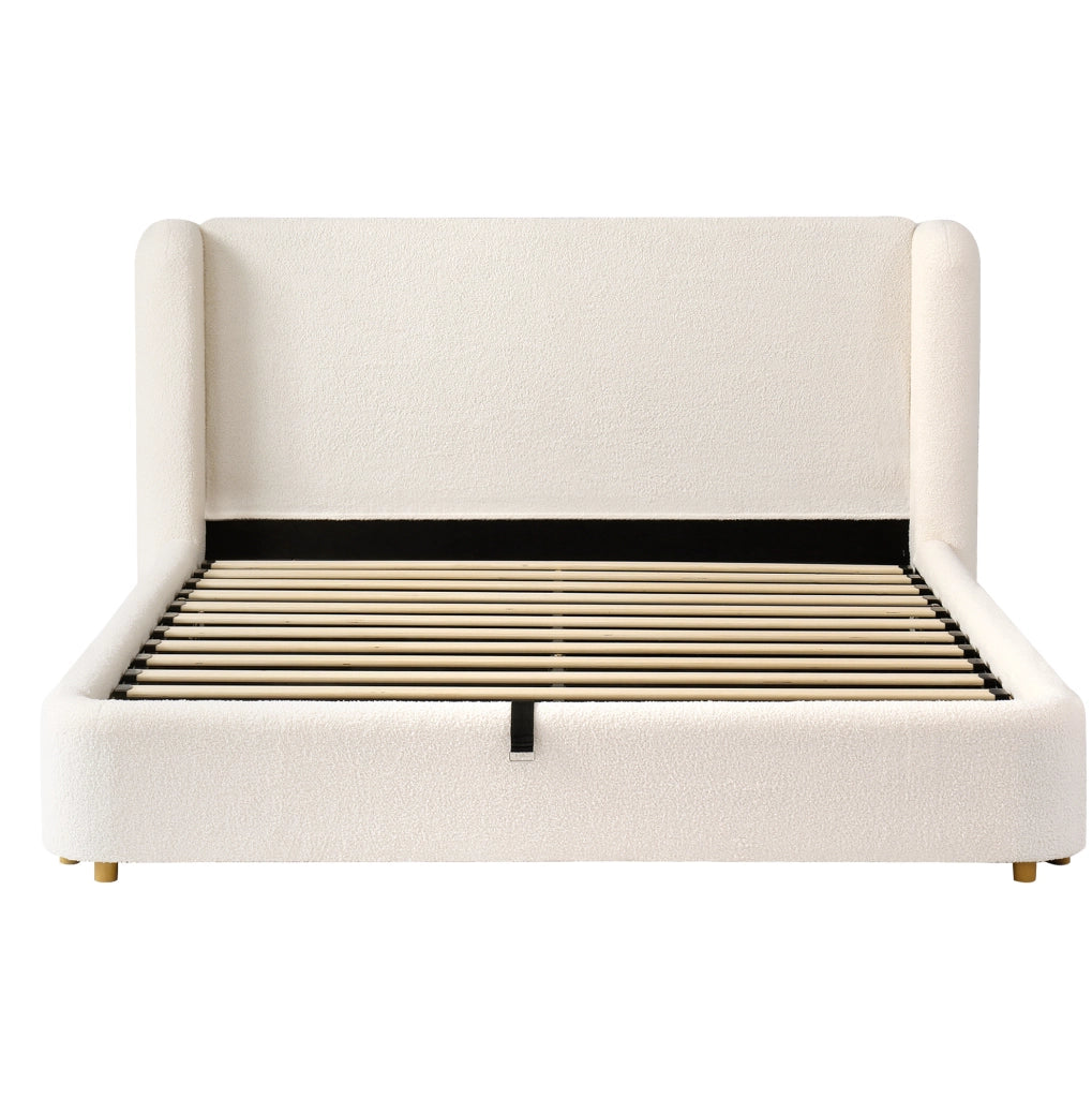 Letto matrimoniale imbottito con contenitore; bouclé beige; 219x189x100 cm