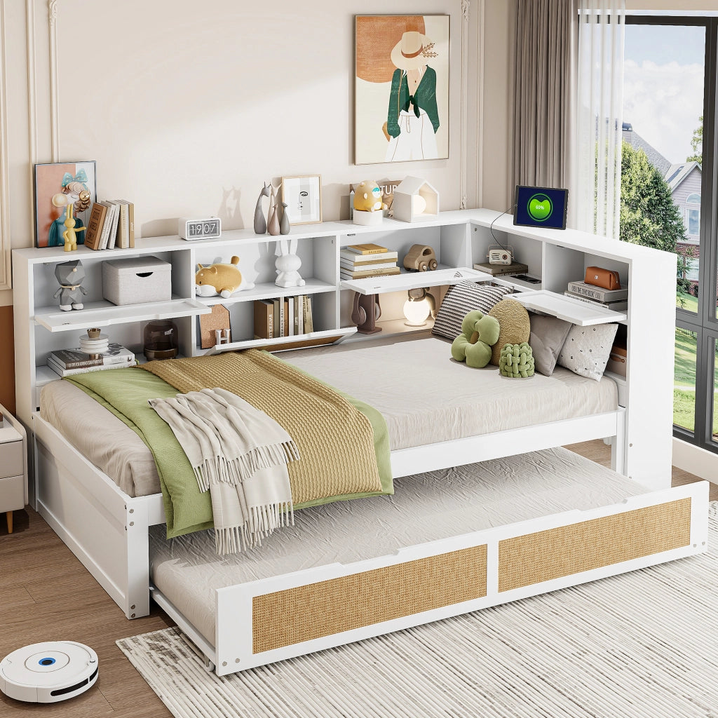OKWISH Letto Divano 90×200 cm, Letto Singolo con Letto Estraibile 90×190 cm, USB, Prese e Contenitori, senza Materasso, in Legno, Bianco