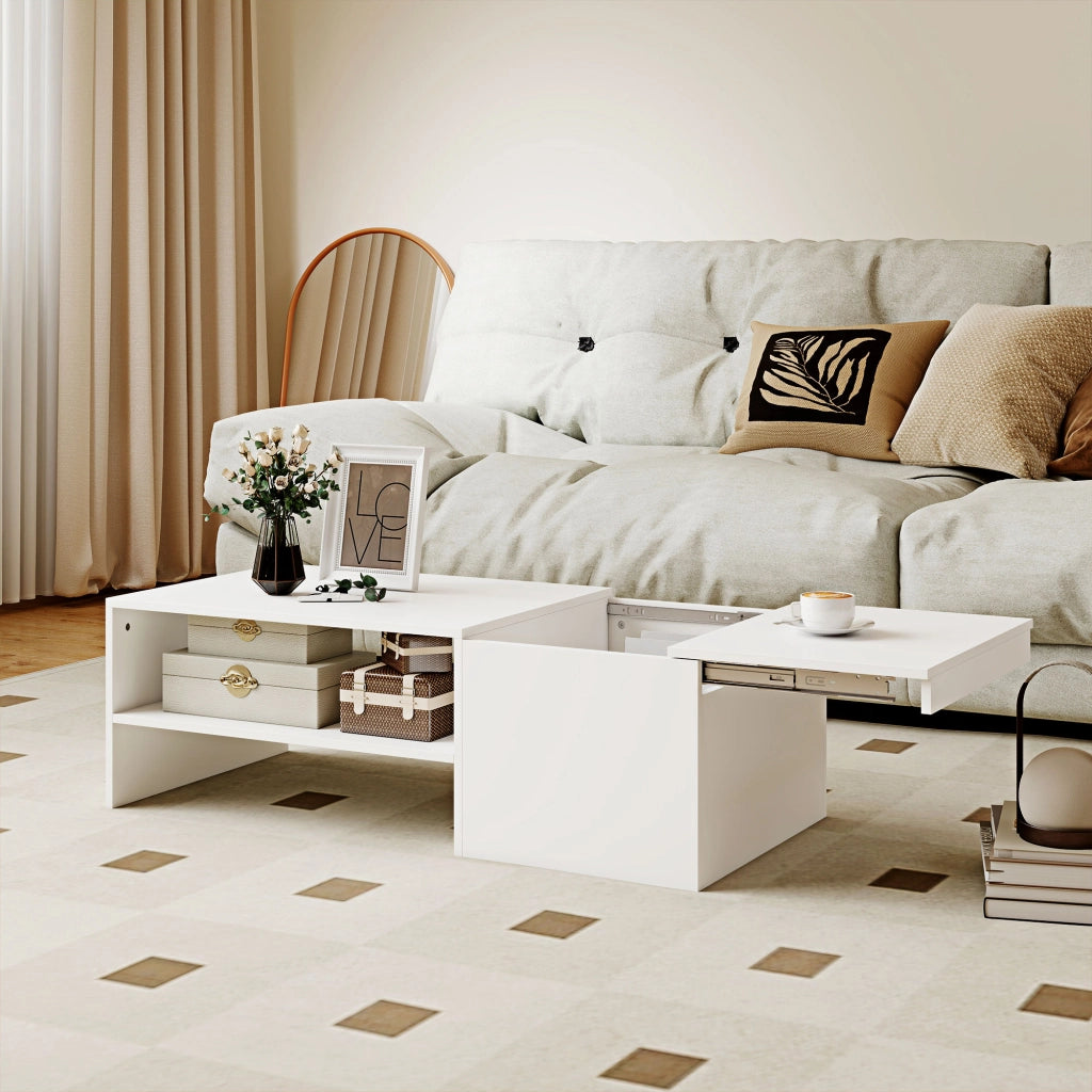 Tavolino da Caff¨¨ in Legno con Piano Scorrevole e Ripiano Aperto e a Scomparsa. 110x52x36 cm. Bianco