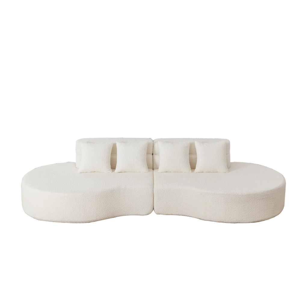 Divano modulare a 2 pezzi in chenille beige con schienale a strati e design curvo senza telaio