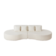 Divano modulare a 2 pezzi in chenille beige con schienale a strati e design curvo senza telaio