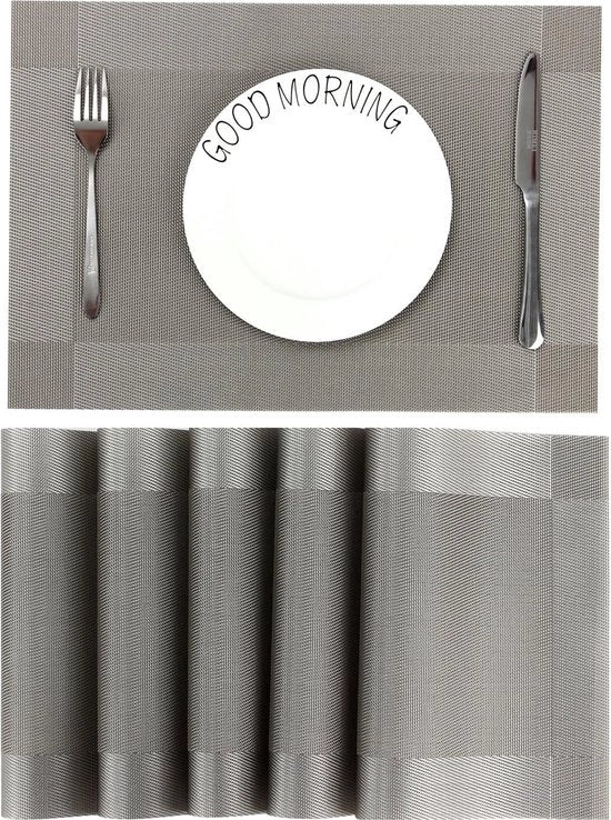 Set di tovaglietta da tavolo da 6, facile da pulire, antiscivolo, resistente al calore, resistente alle macchie, 45 x 30 cm (grigio)