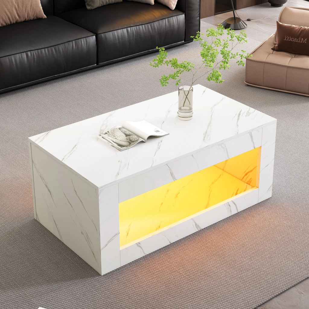 Tavolino da salotto LED con vano aperto; piano effetto marmo lucido; in truciolare; bianco; 100 × 50 × 50 cm