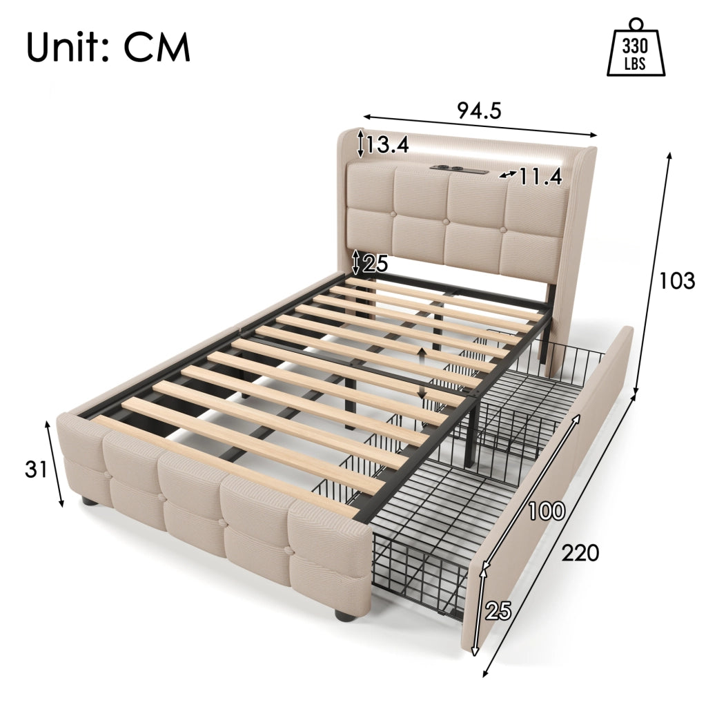 Letto singolo 90x200 cm con USB; prese; LED e 2 cassetti; beige