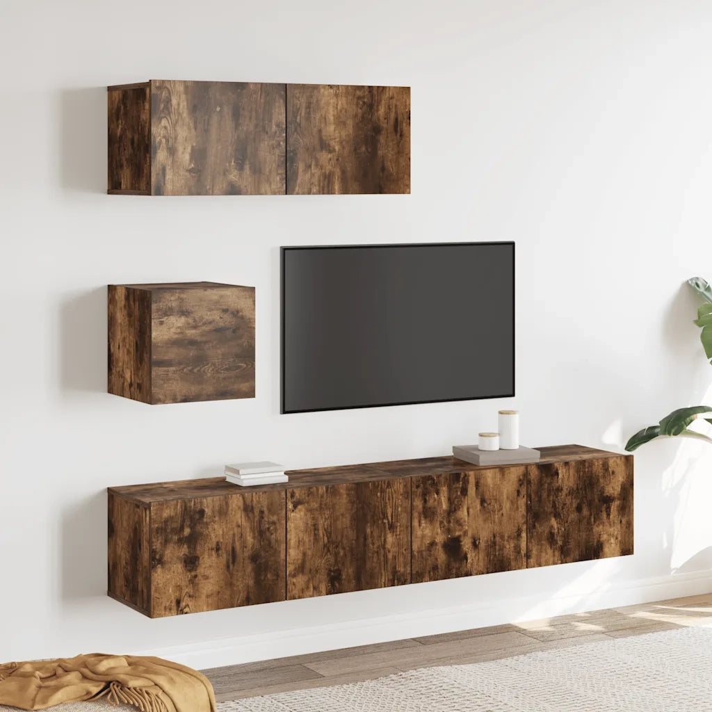 Set di Mobili Porta TV 4 pz Rovere Fumo in Legno Multistrato cod mxl 12150
