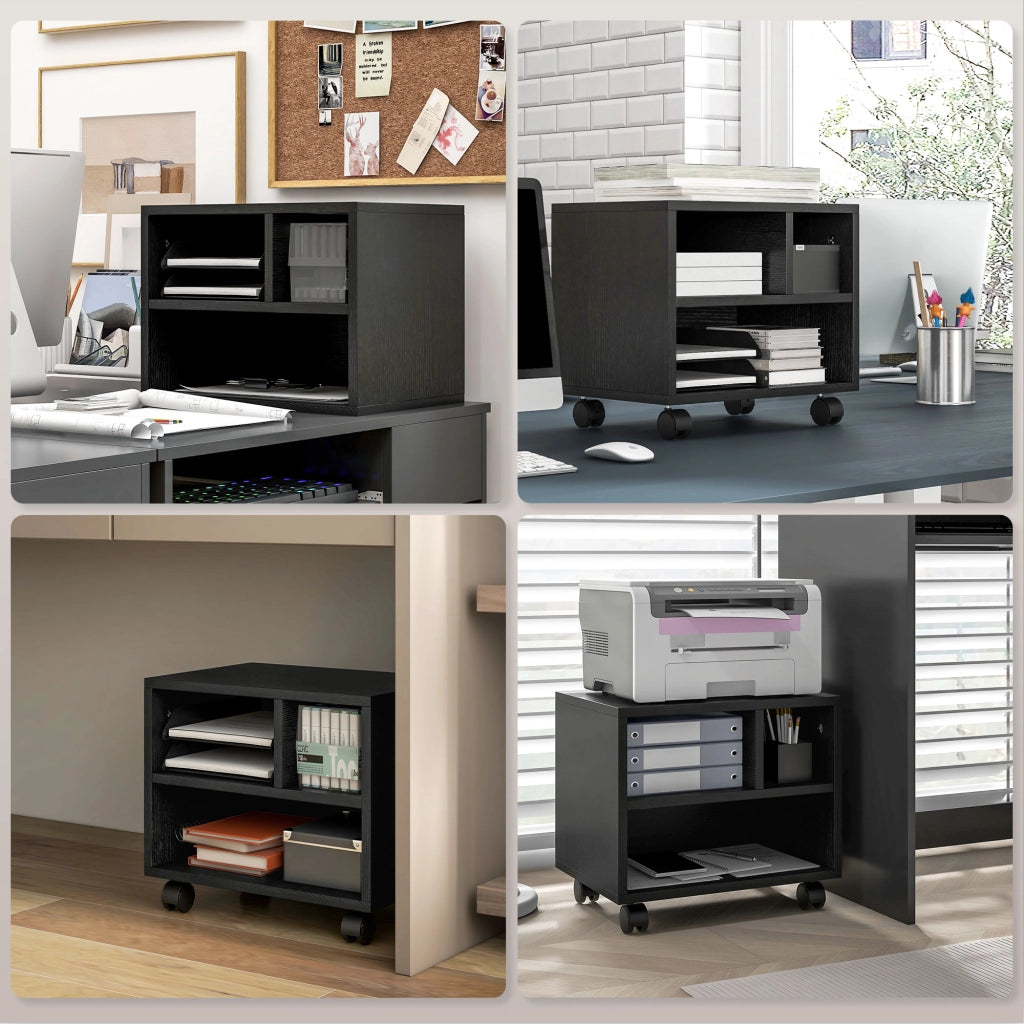 Mobile Porta Stampante a 2 Livelli con 3 Scomparti e Ruote per Ufficio e Studio, 40x30x36cm, Nero
