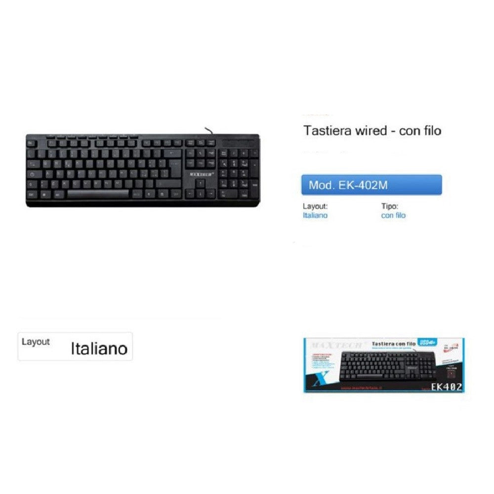 Trade Shop - Tastiera Con Filo Usb 2.0 Confort Impermeabile Silenzioso Windows Macos Maxtech Ek-402m -