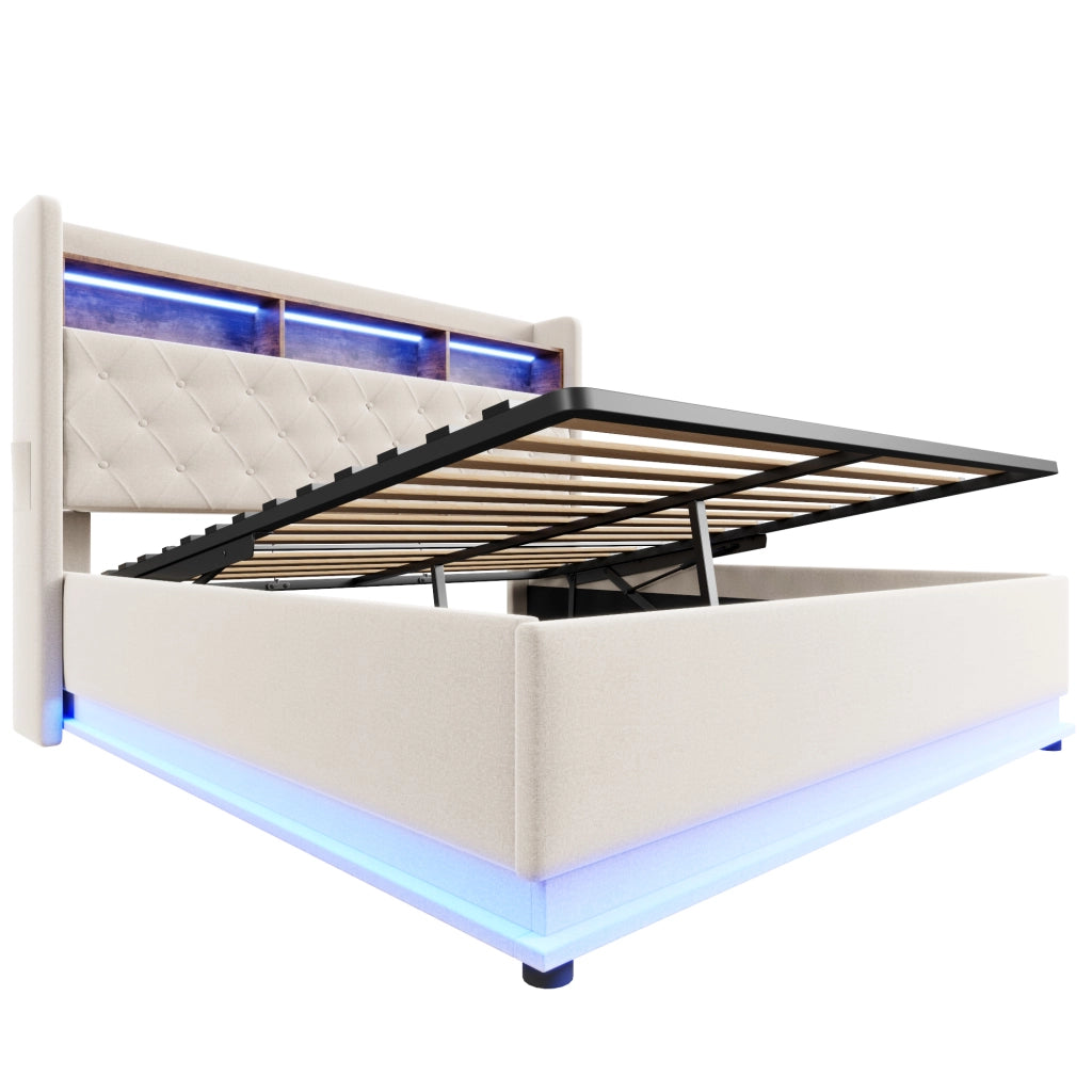 Letto imbottito LED 180x200 cm con USB e contenitore idraulico, beige