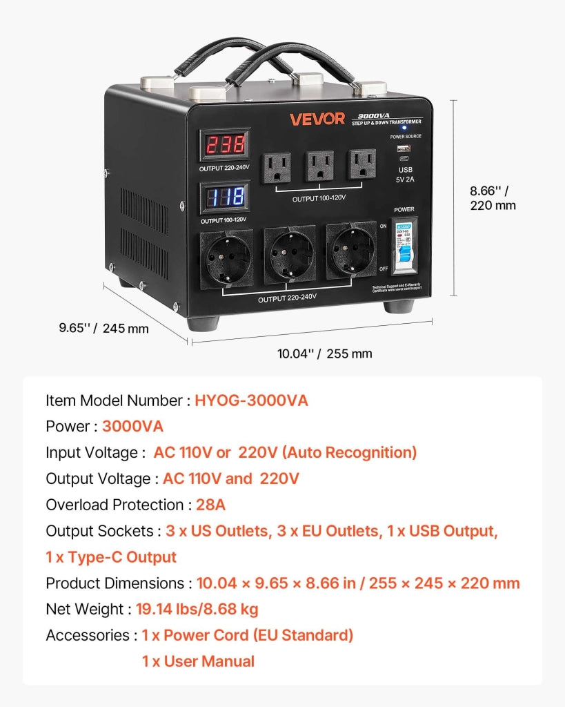 Trasformatore di Tensione Automatico 3000 VA 110V 220V Step-Up Step-Down, Convertitore con 3 Prese USA 3 Prese UE e Display LCD
