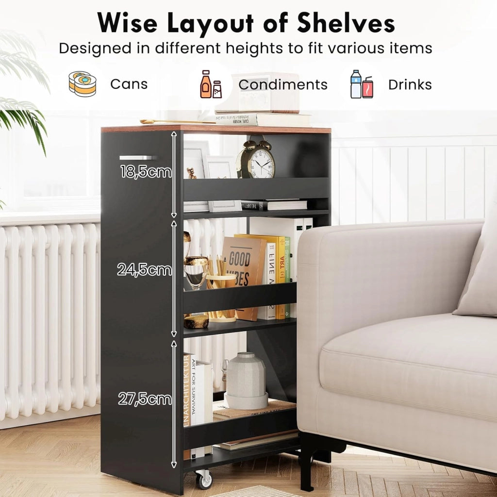 Carrello Portaoggetti a 4 Ripiani con Ruote Rirevoli a 360°, Carrellino Scorrevole con Maniglia Slim, da Bagno, Cucina, Lavanderia, 47,5 x 30 x 80,5 cm (Nero e Marrone)