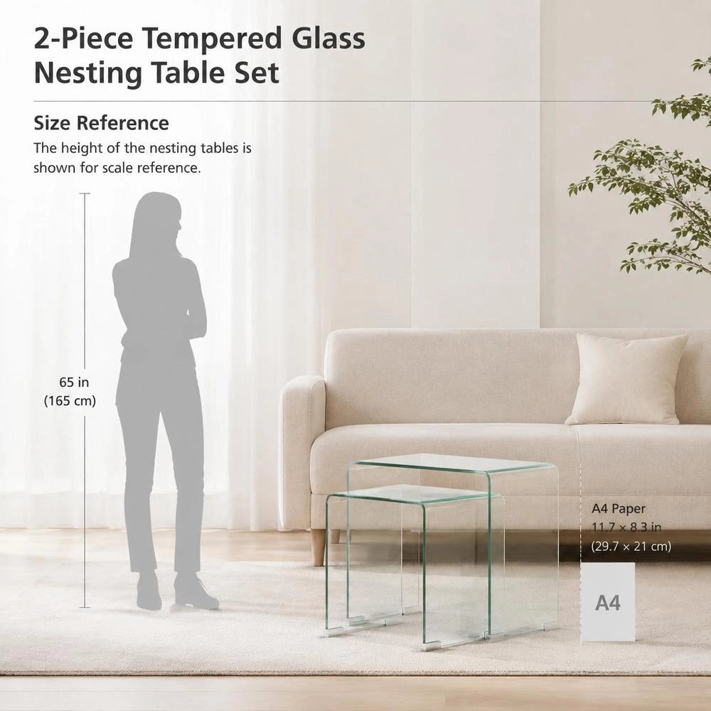 Two-piece Nesting Table Set Made Of Tempered Glass Transparent