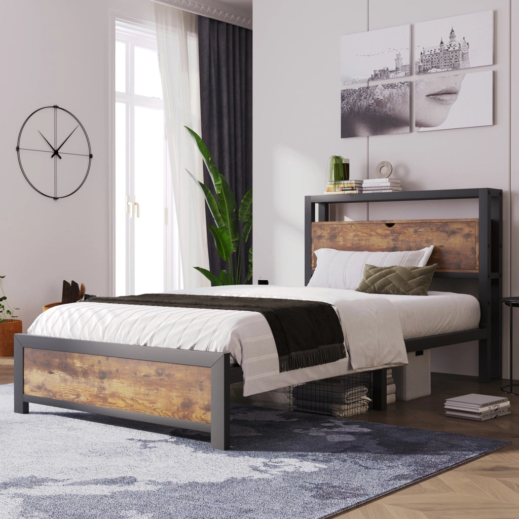 LETTO 90x200 cm in metallo e legno con testiera contenitore, naturale