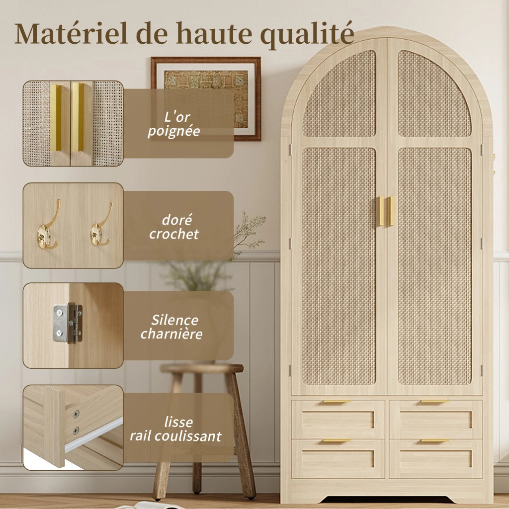 Armadio con ante curve, bastone appendiabiti e cassetti, in MDF rovere, per camera da letto e ingresso, 80 × 50 × 179 cm