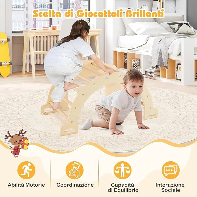 8 in 1 Arco da Arrampicata per Bambini, Altalena ad Arco in Legno con Contenitore Pieghevole, Palestra Montessori per Bambini 3 Anni + (80 × 47 × 41 cm)