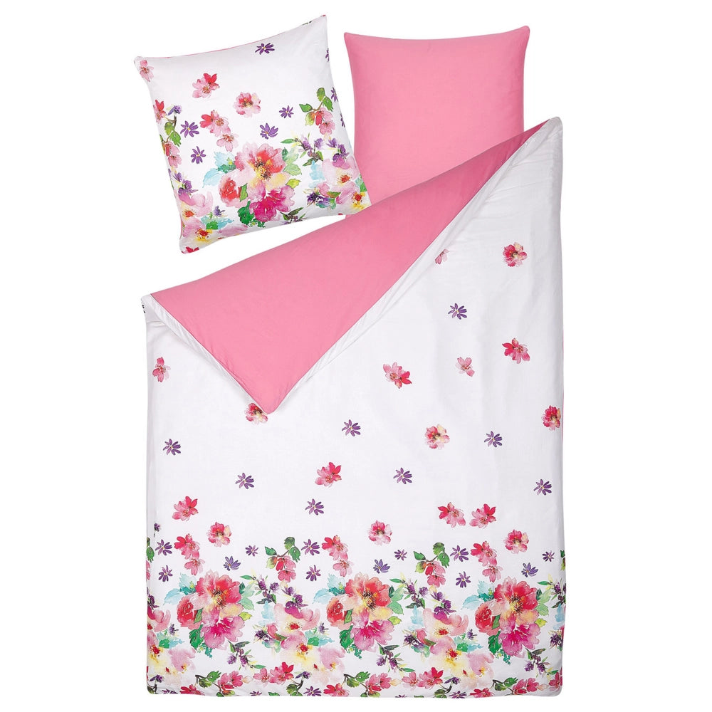 Set Copripiumino e Federa Bianco e Rosa 155 x 220 cm Cotone Stampa Floreale Camera da Letto Moderna