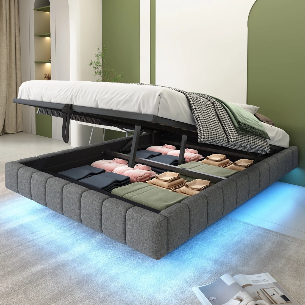 Letti contenitori 140x200 cm; sospeso con LED e spazio contenitore; tessuto e metallo grigio