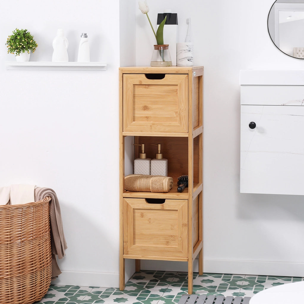 Mobile bagno in bambù con 2 cassetti e ripiano aperto, salvaspazio, con dispositivo antiribaltamento, 30x30x90 cm