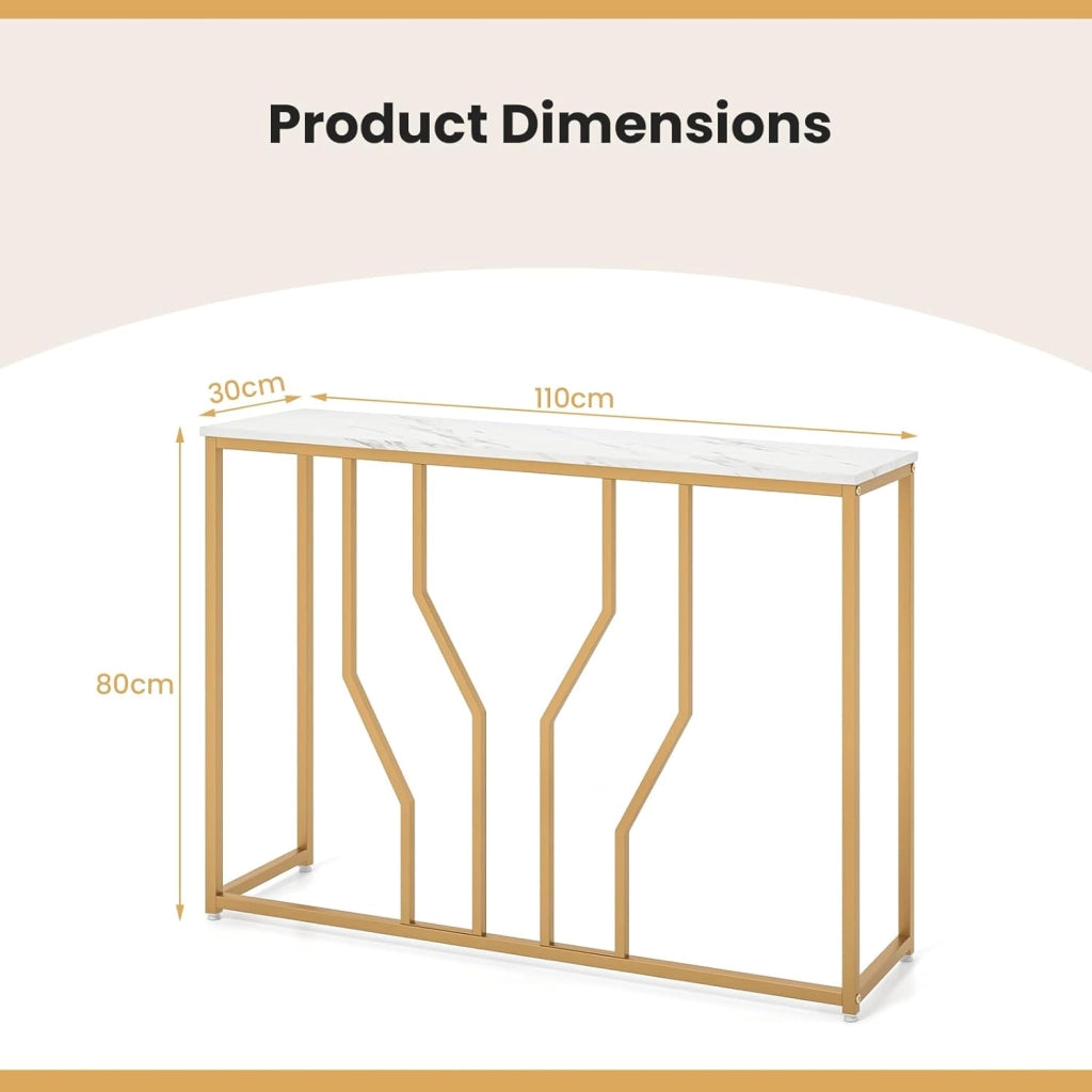 Tavolo Consolle Effetto Marmo, Tavolo d'ingresso con Struttura Geometrica in Metallo, Tavolino da Divano Bianco Oro, 110x30x80 cm