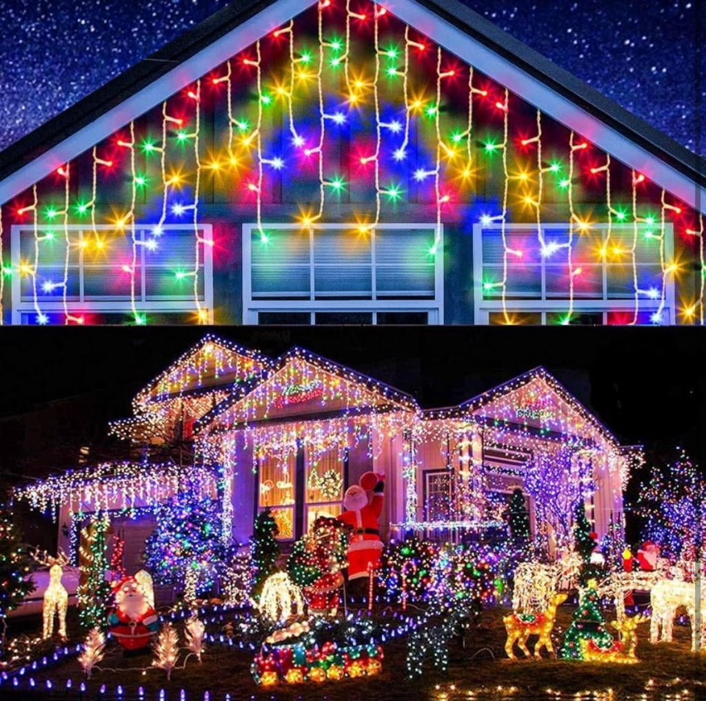 Tenda luminosa luci natalizie con 380 LED da 10 mt prolungabile con luci multicolor e flash bianco freddo intermittente per balcone facciate interno esterno IP44 cascata