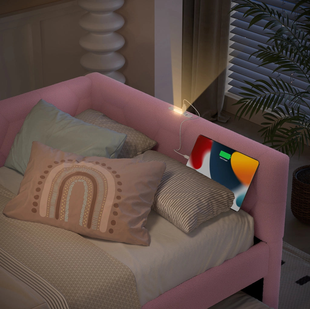 Letto singolo 90x200 cm con letto estraibile, lampada e porte USB
