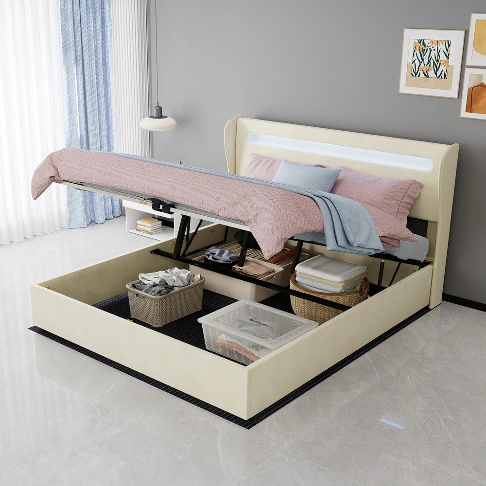 Letto Contenitore Imbottito con Testiera LED ¨C MINIMAL ¨C Velluto Beige 160x200