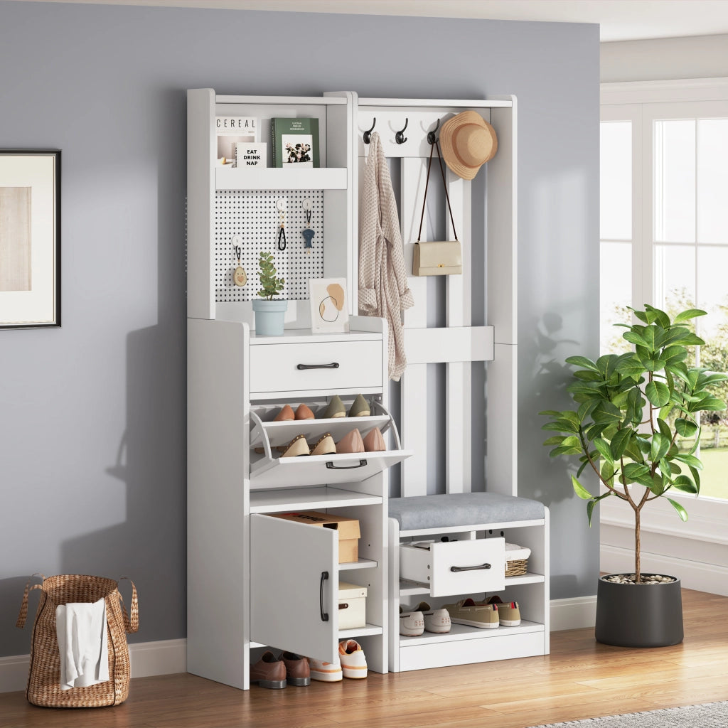 Mobili da ingresso con panca portascarpe e 2 cassetti, 7 ganci e pannello forato, bianco 110 × 35 × 175,5 cm