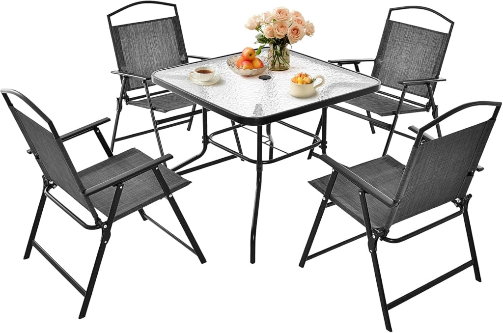 Set da Pranzo per Patio da 5 Pezzi, Sedie Pieghevoli e Tavolo in Vetro Con Foro per Ombrellone, Struttura in Metallo per Terrazza, Giardino