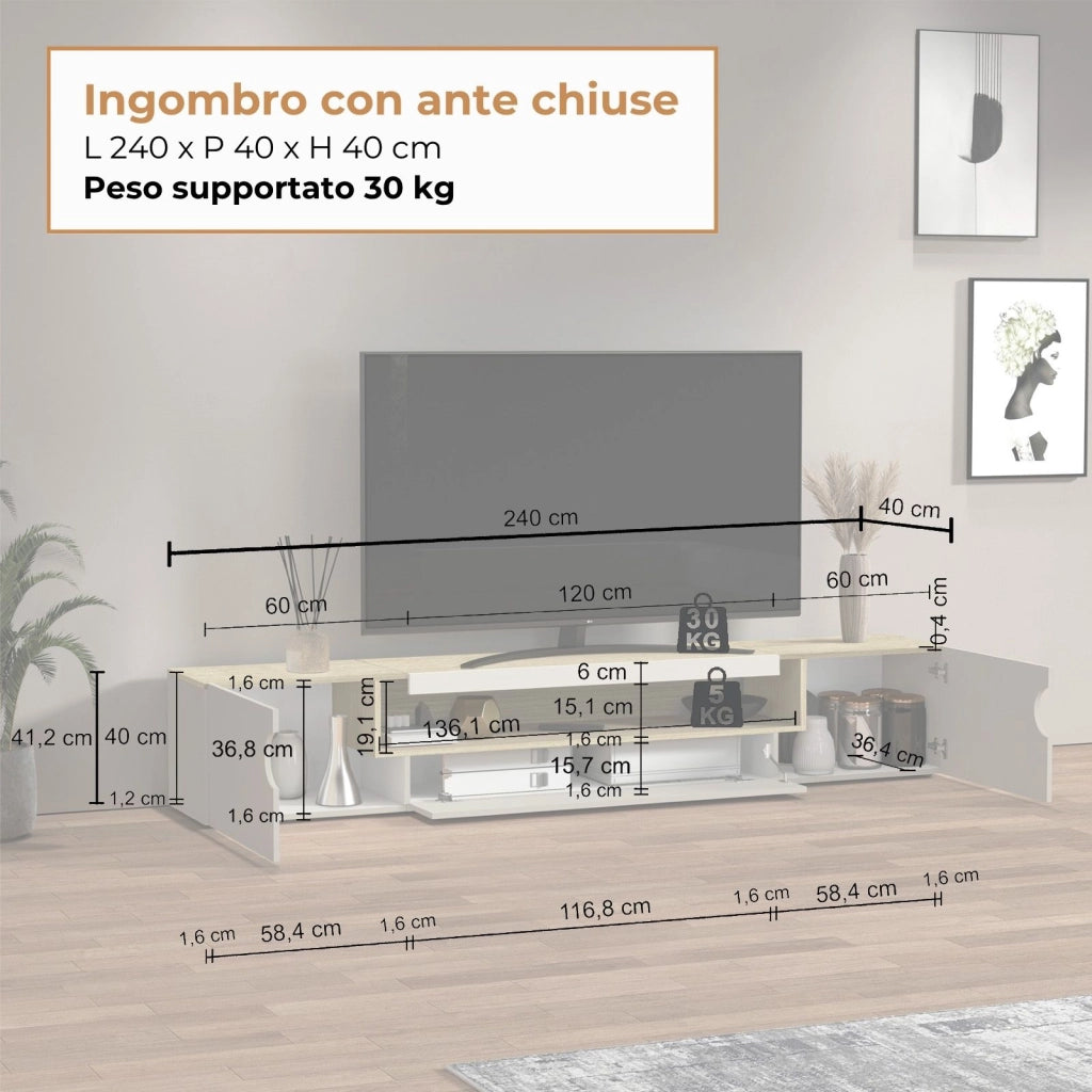 WHOUS Mobile porta TV Real con 2 ante laterali 1 ribalta e 1 vano aperto cashmere e rovere chiaro 240x40x40 cm