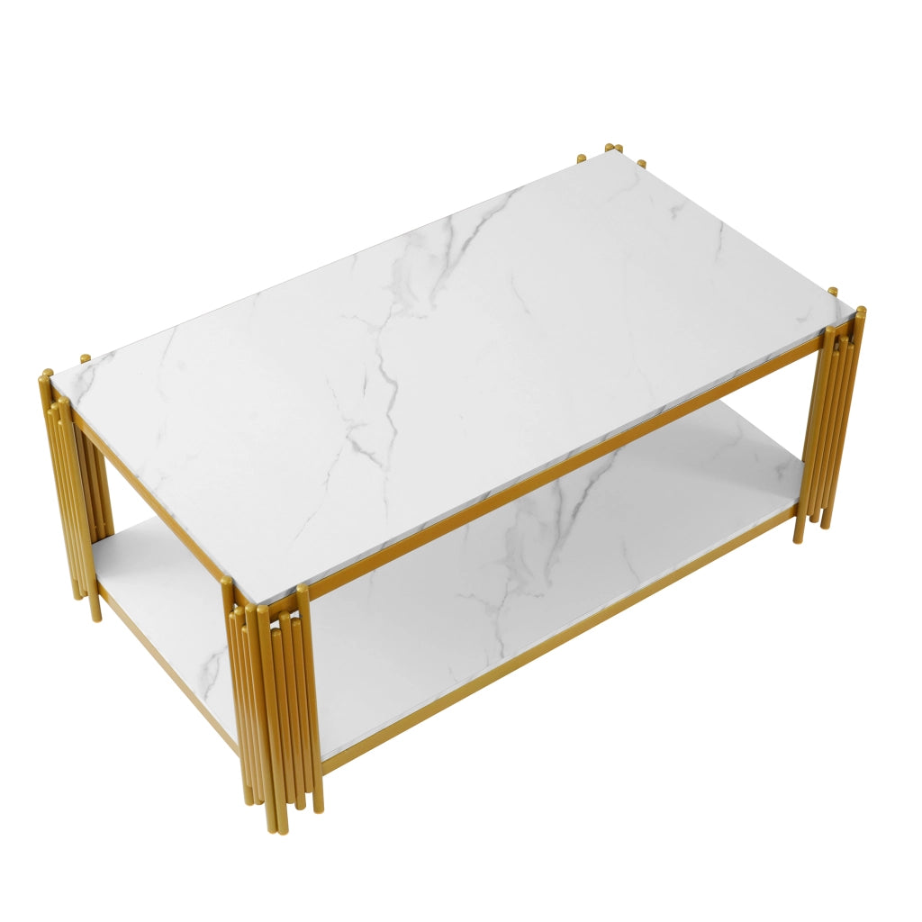 Tavolino da caffè rettangolare moderno con doppi ripiani, struttura in MDF e metallo, bianco/oro
