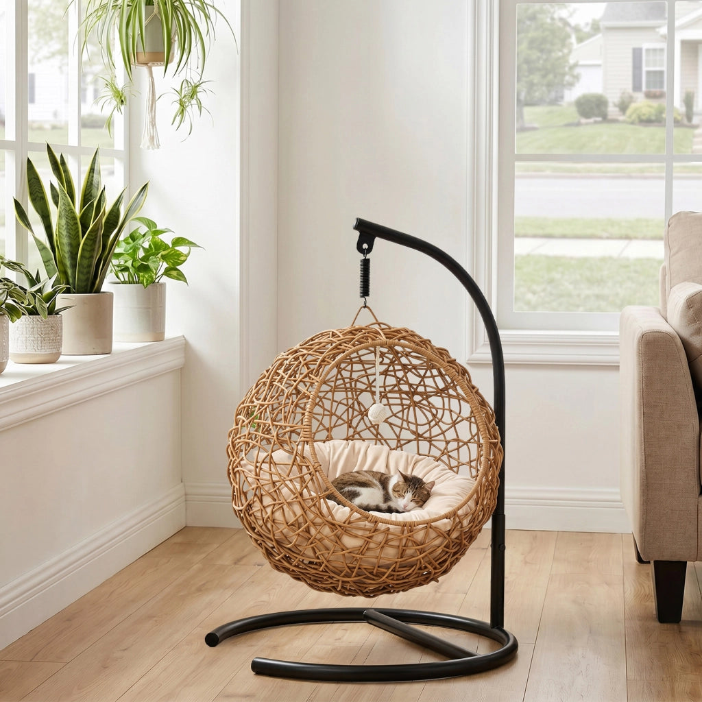 Letto per gatti in rattan con cuscino lavabile e palla ¨C zephmum ¨C 45x41x75 cm marrone chiaro