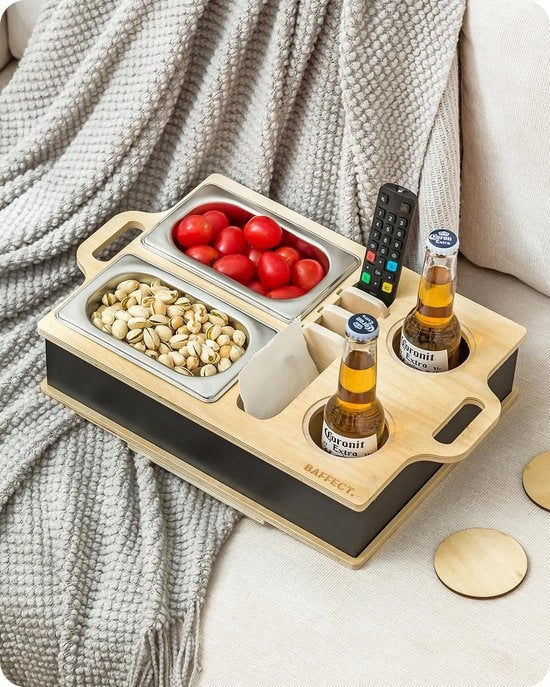 Bancodienblad, banco con cassetta di sicurezza, personalizzato con 2 cucchiai in acciaio inox, bar con sedile in legno con contenitori per bicchieri per banchi (combinazione di legno e nero)