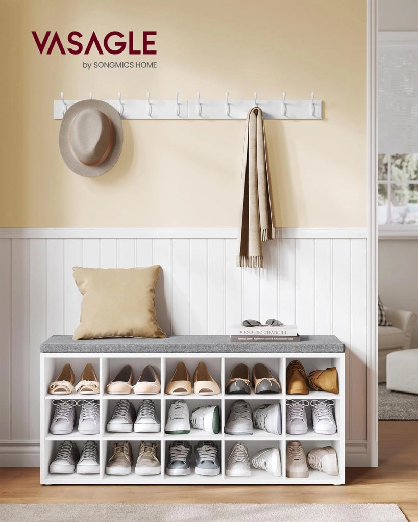 VASAGLE Panca Scarpiera, Scarpiera Ingresso con Seduta Imbottita e 15 Scomparti, Scaffale Porta Scarpe da Ingresso, 30 x 105 x 48 cm, Bianco e Grigio LHS15WT