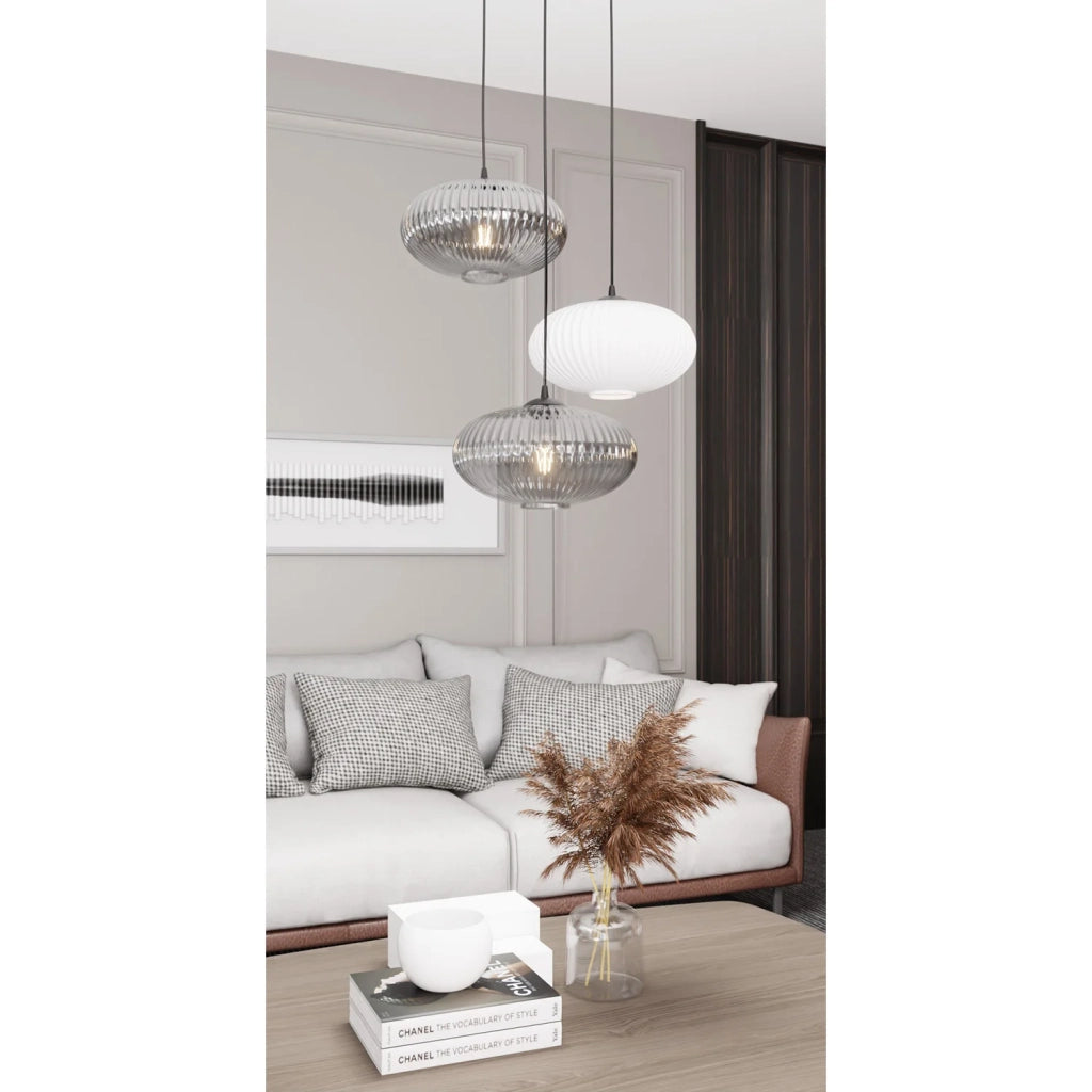 Lampadario 3 Luci Iris Base Tonda In Acciaio Nero Paralume Plissè Multicolor