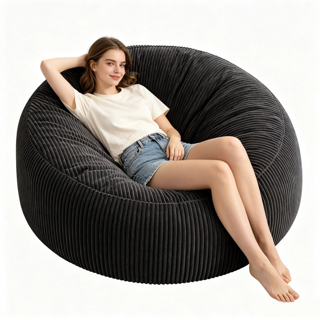 Poltrona pouf rotonda - con imbottitura ad alta resilienza - in velluto a coste - nero