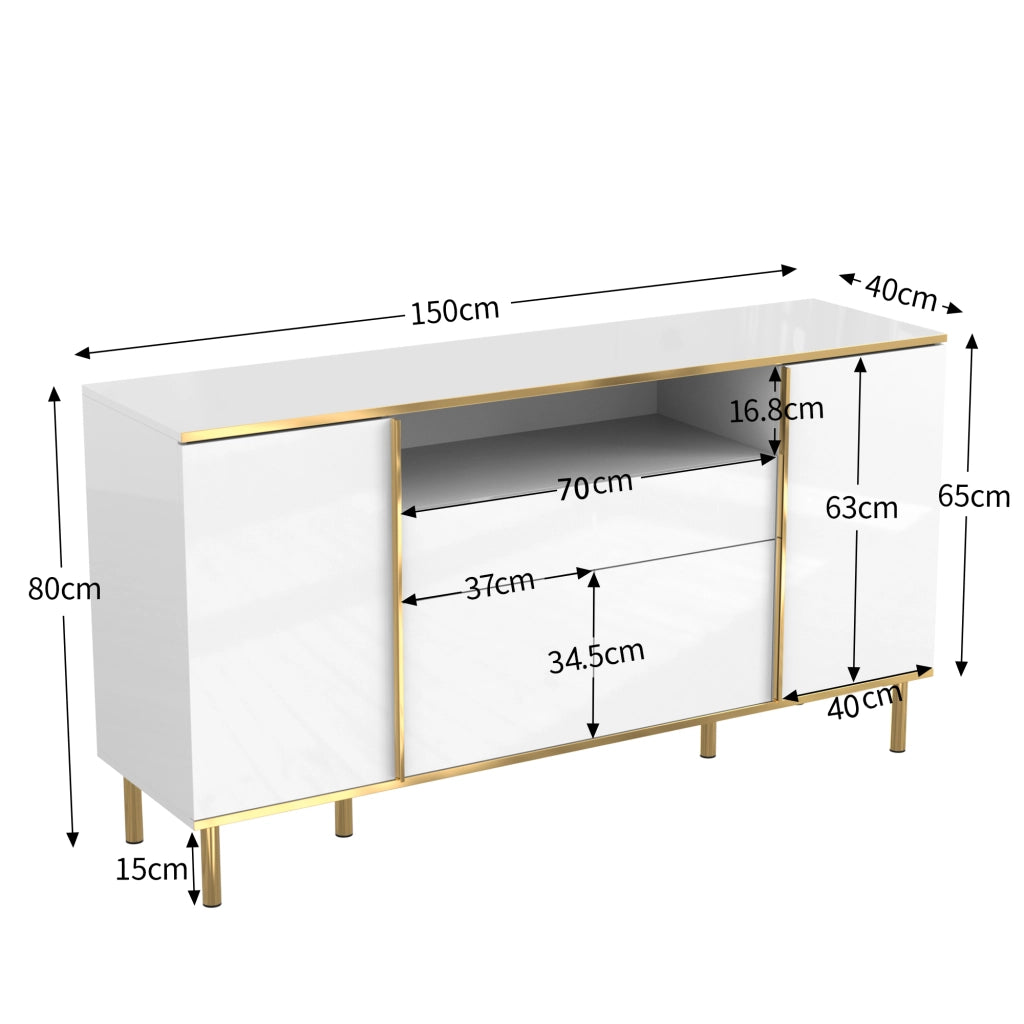 Sideboard bianco lucido con 1 cassetto, 150x40x80 cm