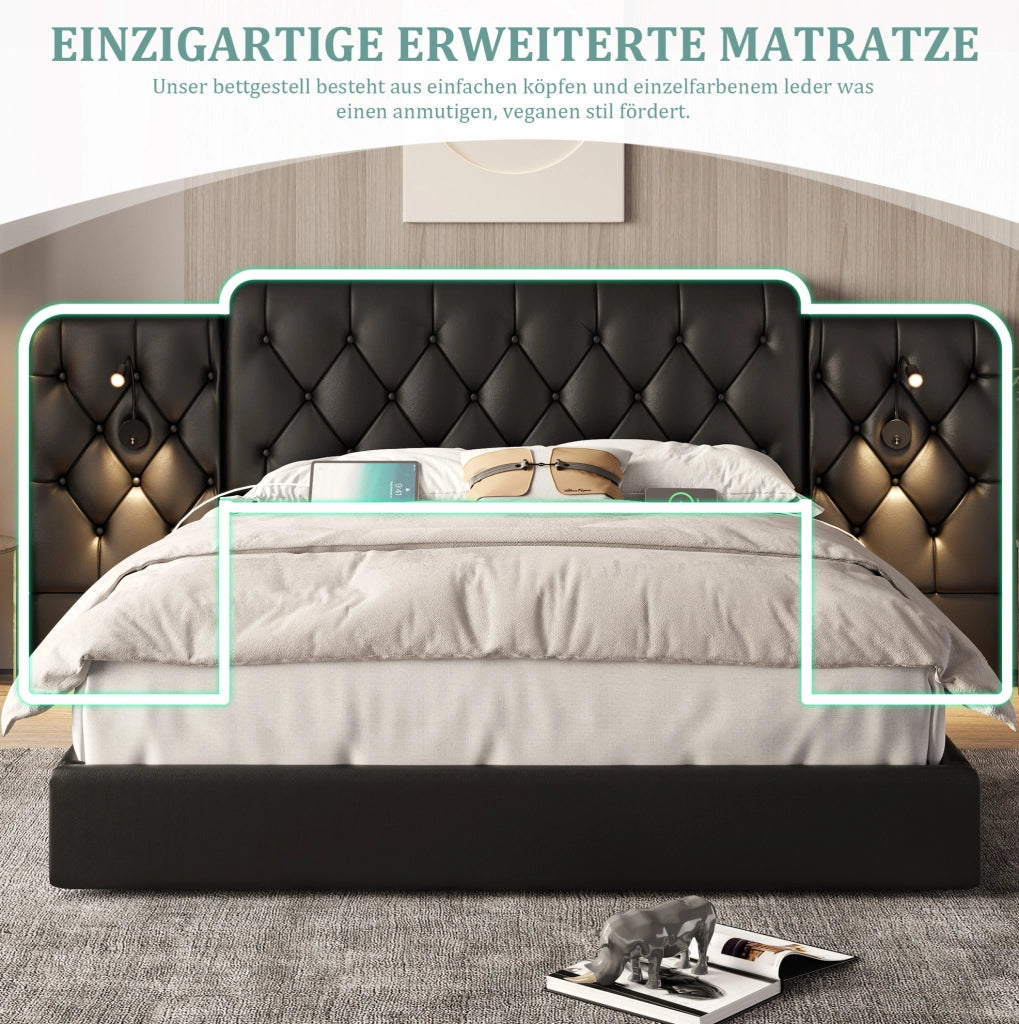 Letto matrimoniale 180x200 cm in pelle PU nera con testiera allungata; luci LED da lettura e USB