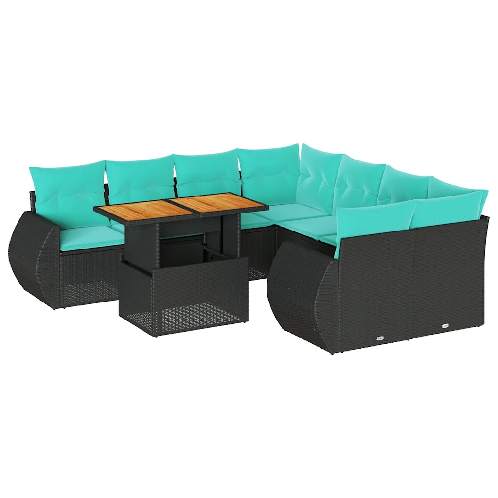 Set Divani da Giardino 9 pz con Cuscini Nero in Polyrattan