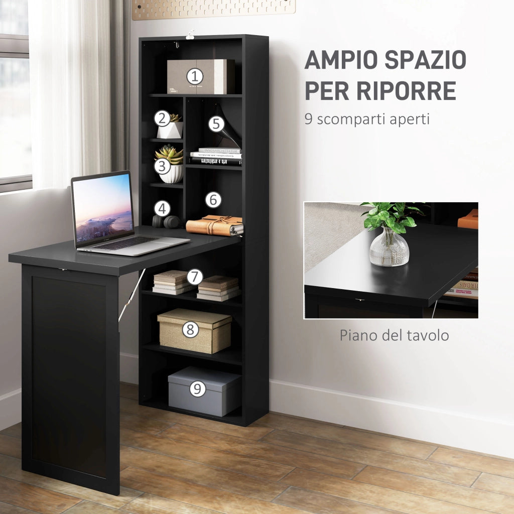 Mobile Libreria con Scrivania Salvaspazio Pieghevole 98x51x153 cm in Legno e MDF Nero