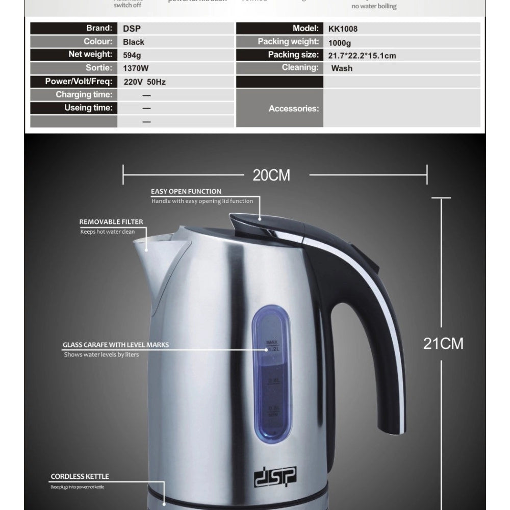 Trade Shop - Bollitore Elettrico A Caraffa Da 1,2lt In Acciaio Inox Per Te' E Infusi 1370w -