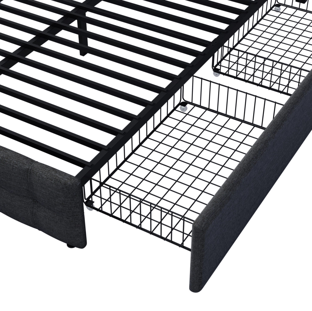 Letto imbottito 140x200 cm con 4 cassetti e testiera regolabile in lino nero