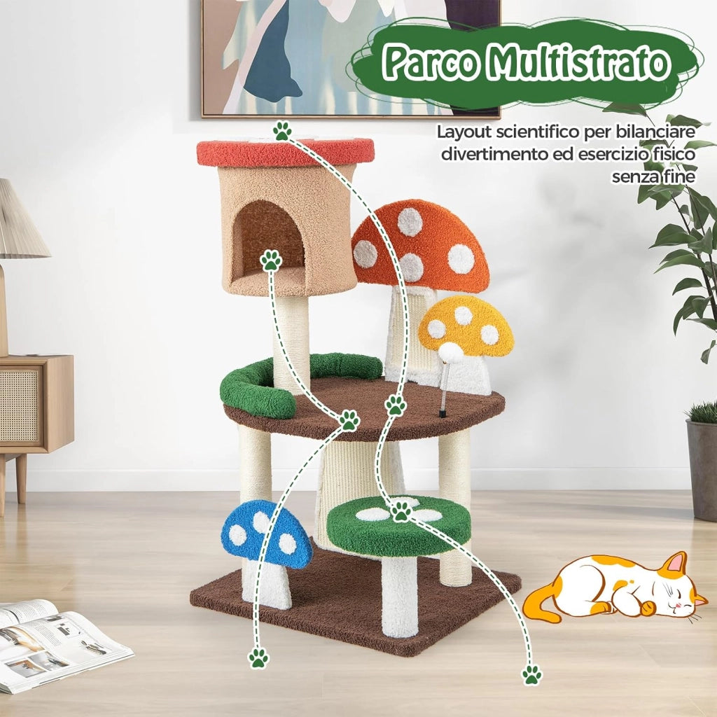 Albero per Gatti a Fungo 4-in-1, Torre Multi-Livello per Gatti con Condo, Piattaforma e Palla a Molla, Centro Attività per Gattini con Pali in Sisal e Tiragraffi