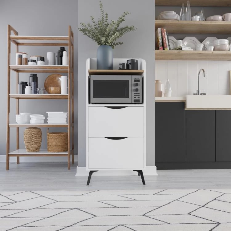 Mobile Multiuso Bianco con 2 Cassetti e 1 Ripiano Effetto Legno 60x36x136 cm