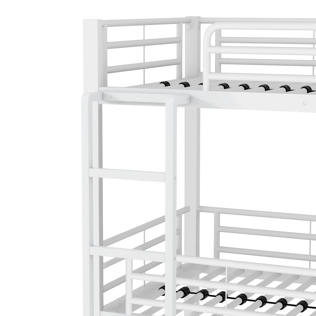 Letto a Castello Triplo 3 Posti in Metallo con Scala e Sponde; 90 × 200 cm; senza Materasso; Bianco