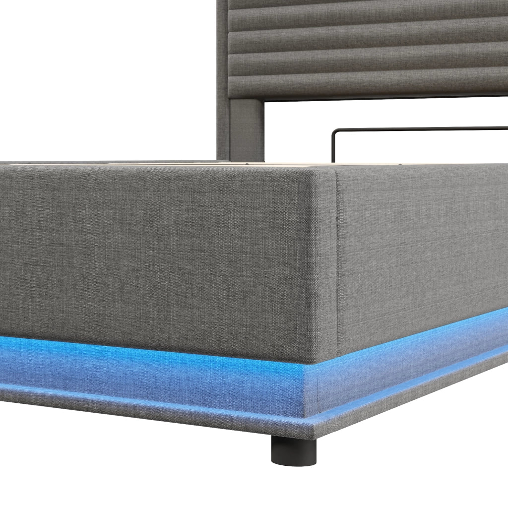 DESMIU Lit con contenitore 140 × 200 cm 2 posti con USB, Type-C, LED regolabile e senza materasso, in lino, grigio
