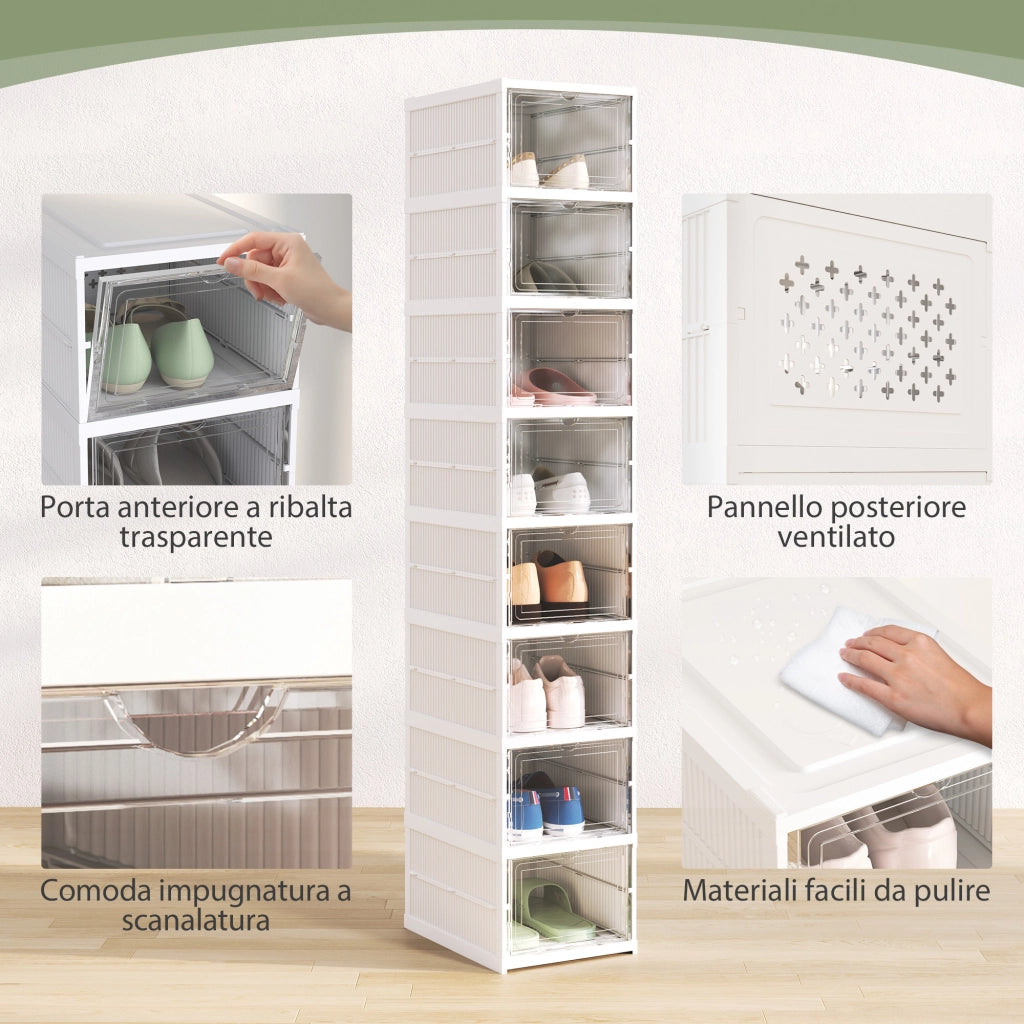 Armadio per scarpe con 8 contenitori impilabili e pannello trasparente ¨C zephmum ¨C bianco